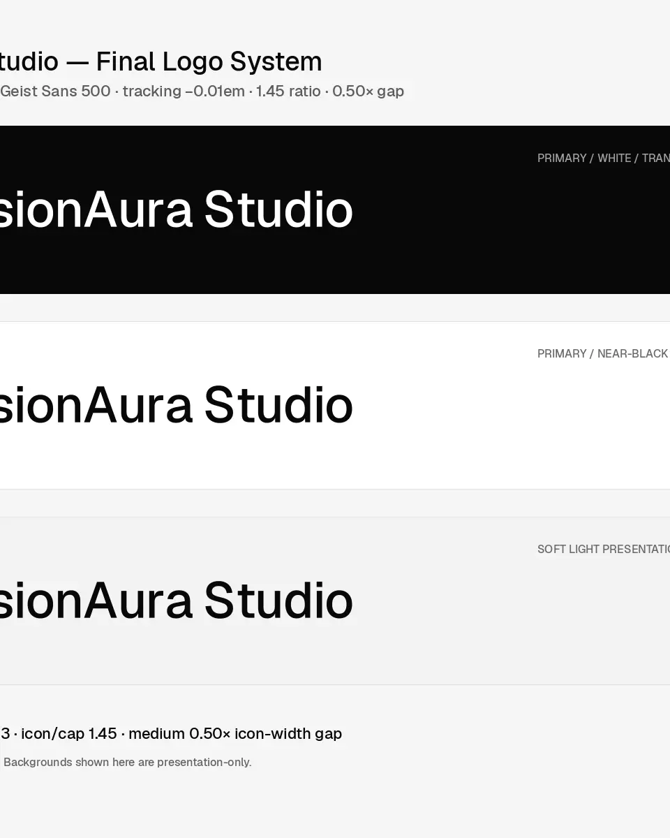 FusionAura Studio responsive logo system arranged across dark and light fields