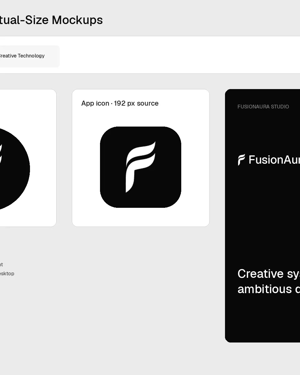 FusionAura identity applied to a collection of real-world brand mockups