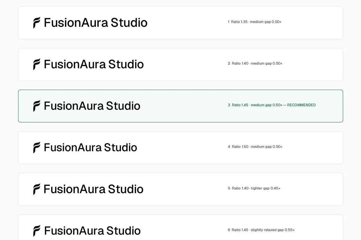 FusionAura logo spacing and proportion options documented in a production comparison
