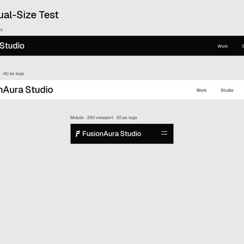 FusionAura Studio navigation lockup shown at desktop and responsive sizes