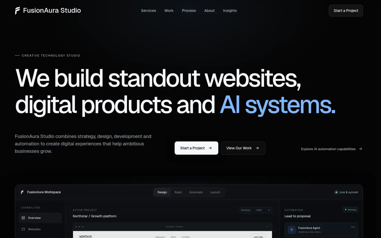 FusionAura Studio homepage with large white typography and a dark capability interface