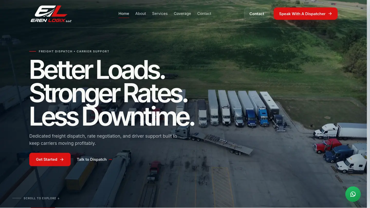 Eren Logix homepage hero with an aerial truck-yard video, dispatch headline and primary navigation.
