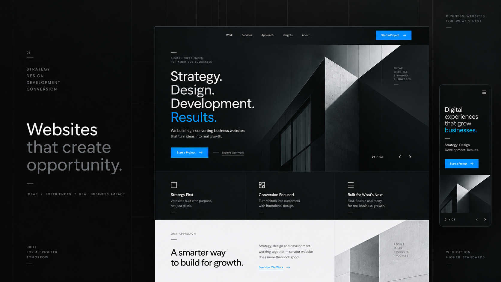 Dark editorial mockup of a high-converting business website shown on desktop and mobile with architectural imagery and blue accents.