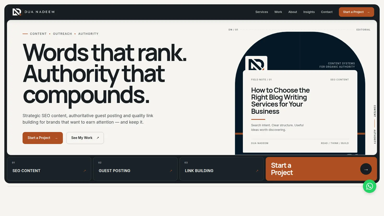 Dua Nadeem homepage with the headline “Words that rank. Authority that compounds.” beside an editorial content card and service links.