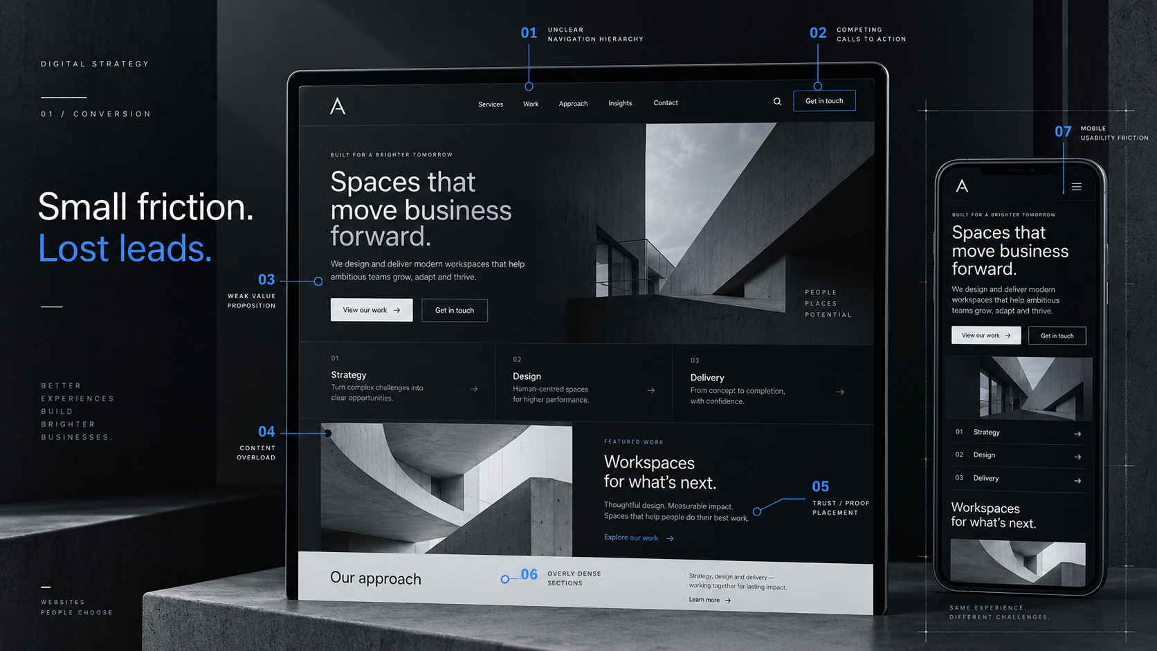 Dark business website shown on desktop and mobile with seven UX and conversion issues highlighted.