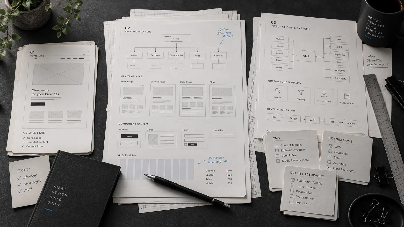 Editorial project-planning desk with website wireframes, scope documents and technical diagrams representing the strategy, design and development behind professional website costs.