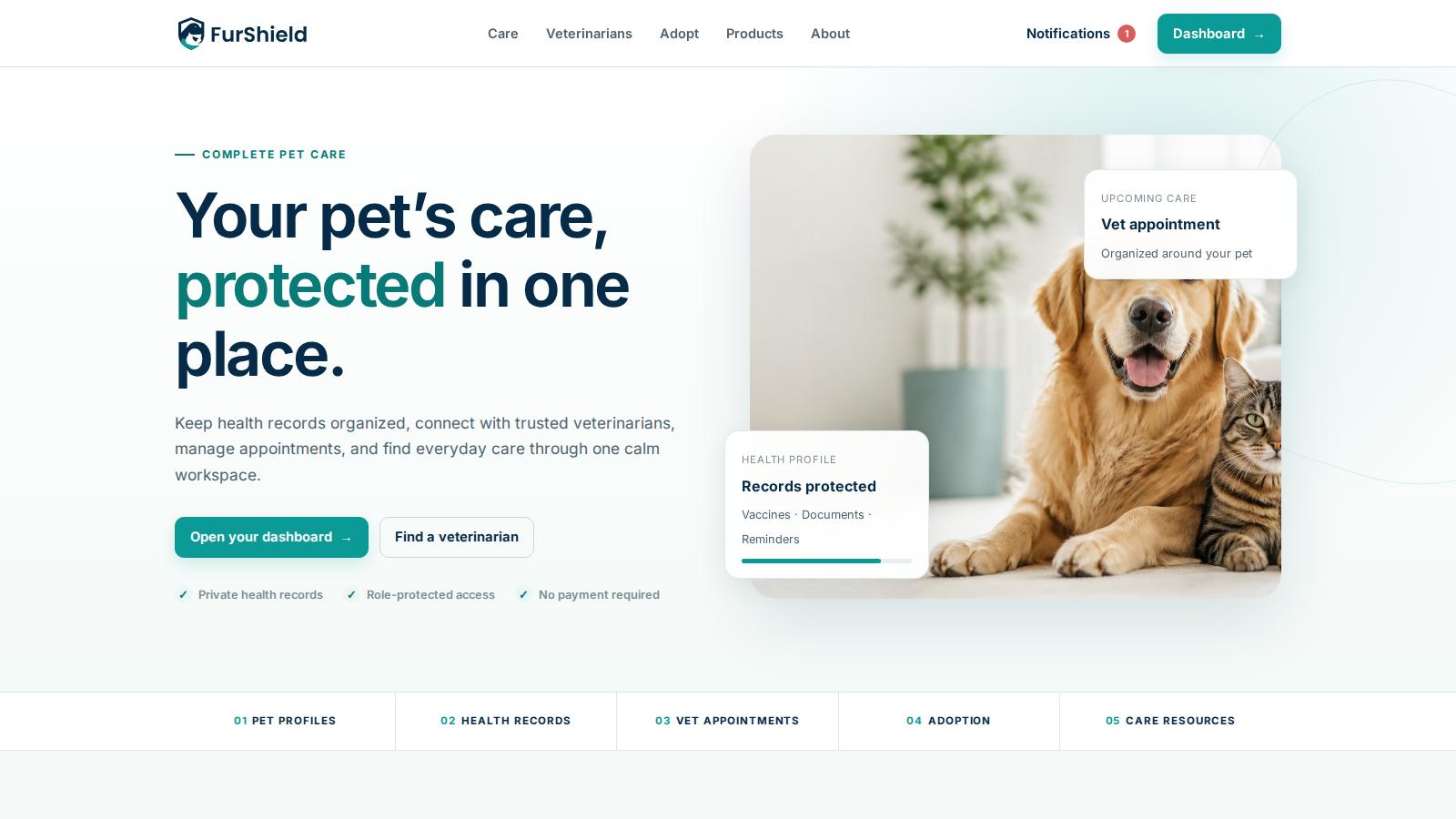 FurShield pet care platform homepage introducing services for owners, veterinarians and shelters