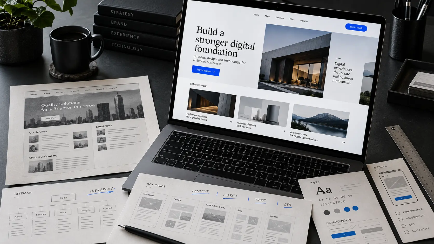 Website redesign planning workspace comparing an outdated business website with a modern structured interface