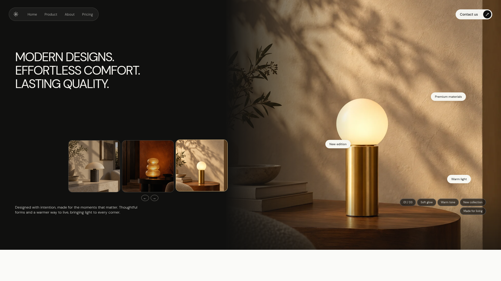 Luma lighting website hero with sculptural amber lamp and refined editorial layout