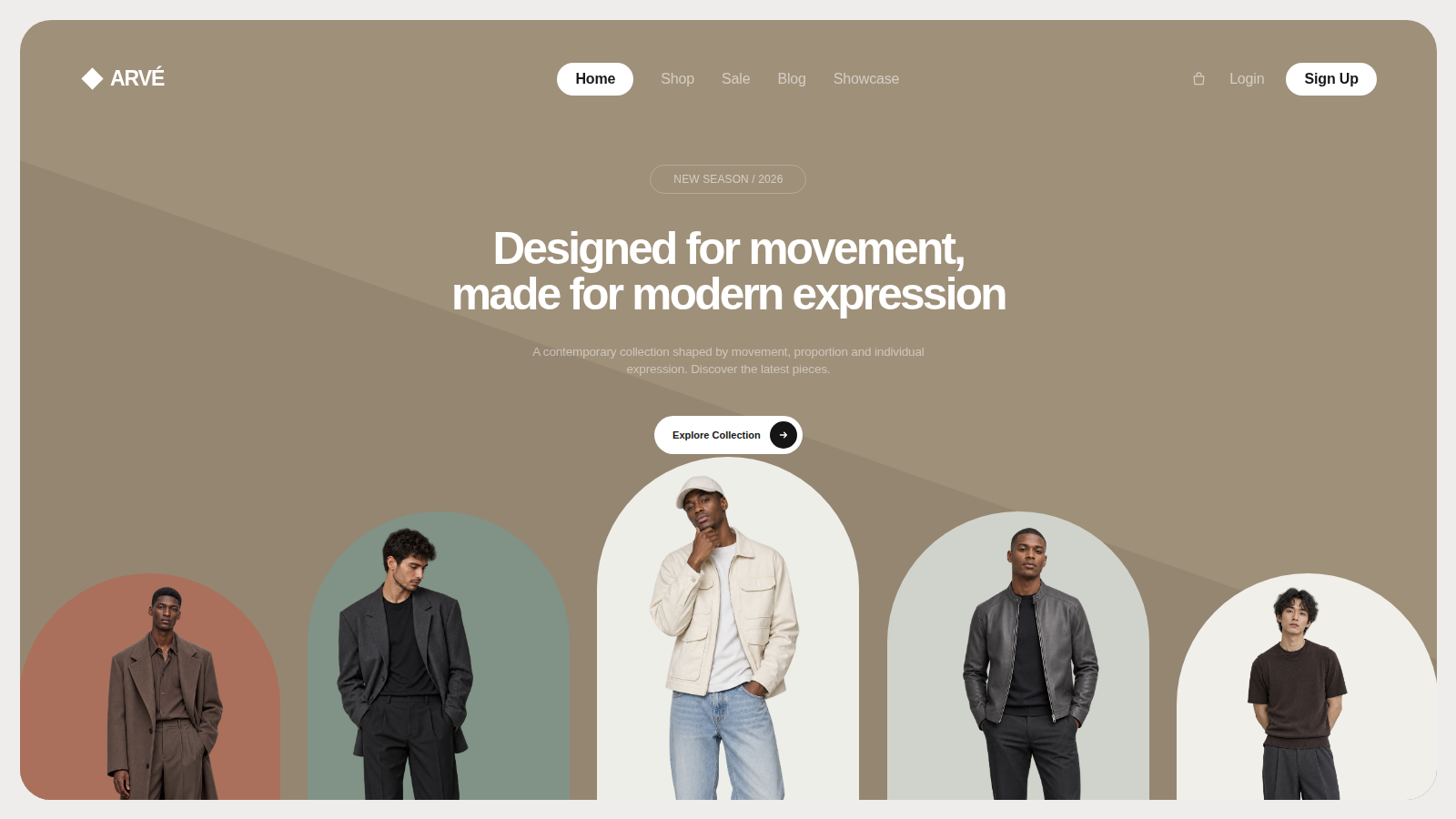 ARVÉ fashion website hero featuring five models in animated arch-shaped panels