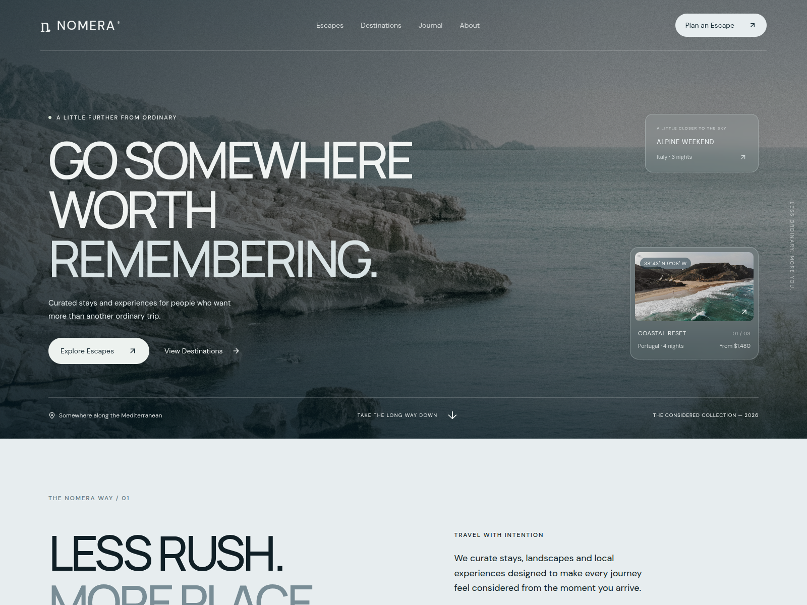 NOMERA travel website hero featuring a cinematic Mediterranean coastline, curated escape cards and the headline Go Somewhere Worth Remembering.