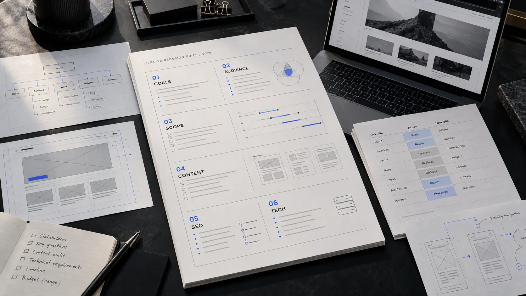 Website redesign planning workspace with a structured brief covering goals, audience, scope, content, SEO and technical requirements, surrounded by sitemap diagrams, wireframes, URL migration notes and a laptop showing a website layout.