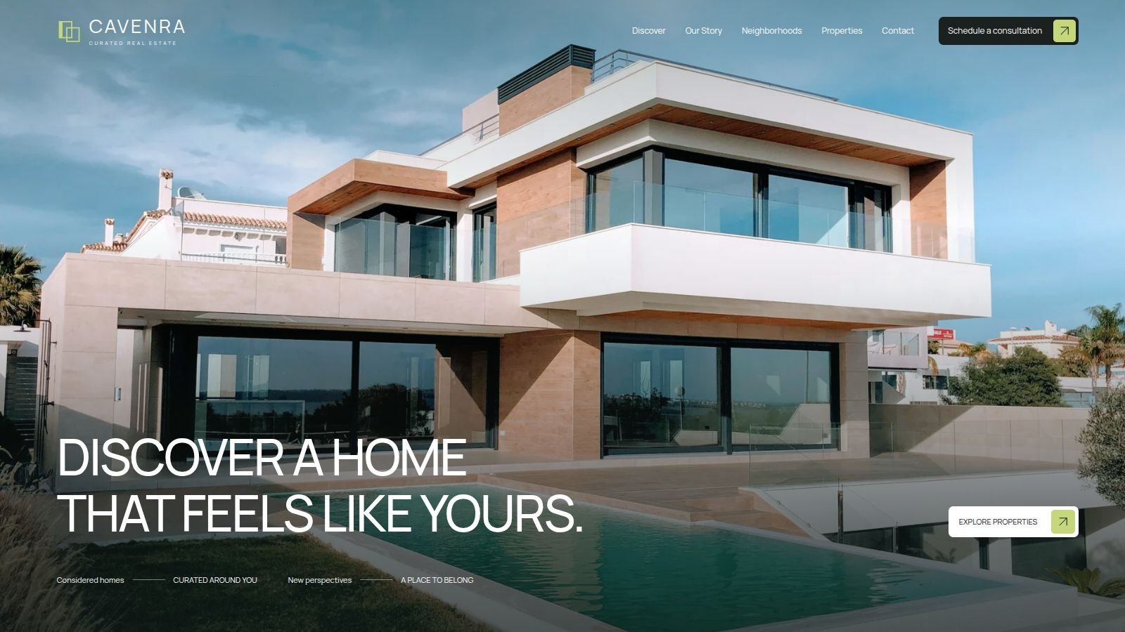 CAVENRA real estate website hero with architectural photography, navigation, headline, and Explore Properties button.