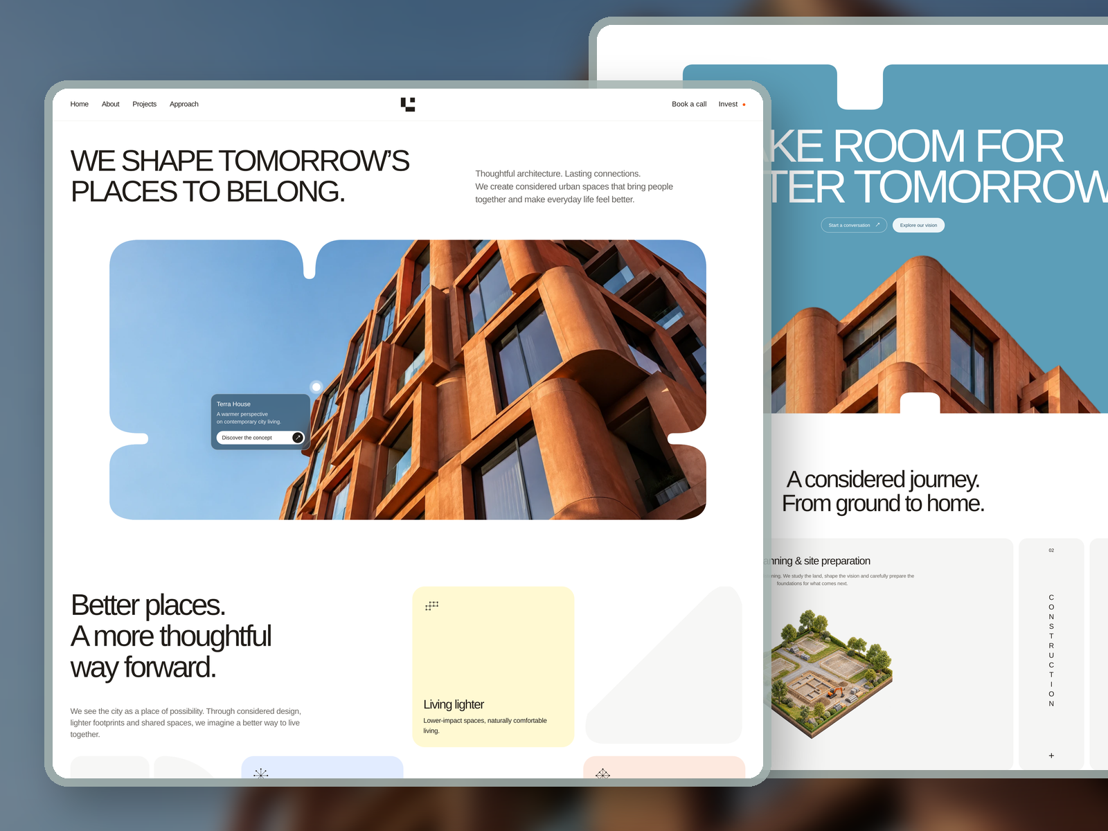 SOLENNE architectural website concept with warm terracotta imagery, curved image masks and an interactive construction journey.
