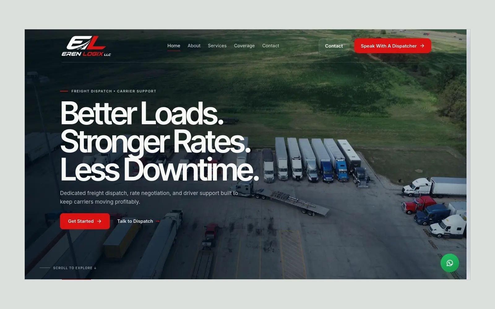 Eren Logix truck-dispatch website hero with its complete headline, navigation and carrier contact actions.